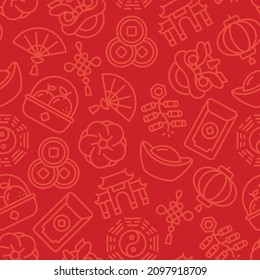 Subtle red on red seamless pattern of Chinese new year outline icons.