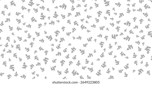 Subtle scattered foliage pattern featuring delicate sketched branches and leaves in soft gray tones against a clean white backdrop, creating a light and airy visual with a modern aesthetic.