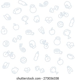 Subtle seamless background texture with hand drawn sport and fitness related objects.
