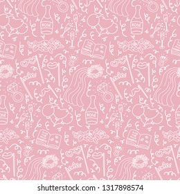 Subtle seamless doodle pattern with bachelorette party decorations. Selfie stick,  ballons, props, veil, champagne, diamond rings, roses, signing book. Pink background. Background design element.