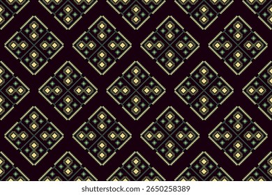 Subtle seamless pixel art pattern, ethnic geometric diamond motifs in dark brown, muted green, pale yellow. Ideal for textile design, fashion prints, cultural backgrounds,digital,rustic, traditional