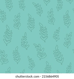 Subtle Seaweed Seamless Vector Pattern. Outline Silhouette Illustration Of Simple, Organic Seagrass Shapes On An Aqua Blue Green Background. Minimal, Botanical, Backdrop Texture Repeat Print. 