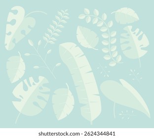 Subtle silhouettes of tropical leaves in soft pastel tones over a light blue background. Ideal for wallpapers, packaging, and modern botanical design.