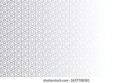 Subtle Silver Hexagonal Spiral Pattern Fading to White, Minimalist Geometric Design for Elegant Backgrounds and Modern Texture Overlays, Sophisticated Light Gradient