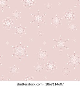 Subtle snowflakes seamless pattern. Elegant vector Christmas and New Year background with snow, snowflakes. Winter holidays theme. Vintage style. Soft pink and white color. Repeat decorative design