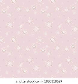 Subtle snowflakes seamless pattern. Elegant vector Christmas and New Year background with snow, small snowflakes, sparkles. Winter holidays theme. Vintage style. Soft pink, gold and white color