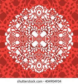 Subtle symmetrical circular pattern on the simple background. White lace pattern on a bright red background. Round symmetrical floral pattern.