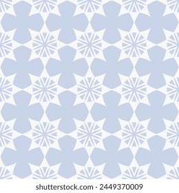 Subtle vector abstract geometric seamless pattern. Simple ethnic texture with ornamental grid, big flower shapes, stars, repeat tiles. Ethnic folk motif. Light blue and white background. Geo design