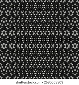 Ornamento geométrico floral vetorial sutil. Padrão sem emenda preto e branco com pequenas flores abstratas, folhas em estilo oriental. Fundo mínimo simples. Textura monocromática escura. Design repetido