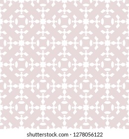 Subtle vector floral geometric seamless pattern. Abstract ornament texture with flower silhouettes, curved shapes, crosses, grid, repeat tiles. Elegant pale pink and white background. Delicate design