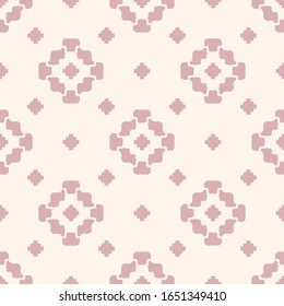 Subtle vector floral geometric seamless pattern. Simple minimalist ornament with small flower silhouettes, crosses. Pink and white minimal background. Elegant abstract texture. Delicate repeat design