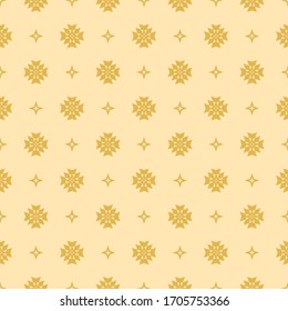 Subtle vector floral minimalist seamless pattern. Simple abstract background with small geometric flowers, stars, crosses. Minimal ornament texture in yellow color. Repeat design for wallpaper, cloth