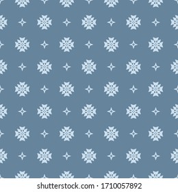 Subtle vector floral minimalist seamless pattern. Simple abstract background with small geometric flowers, stars, crosses. Minimal ornament texture in soft blue color. Repeat design for wallpapers