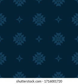 Subtle vector floral minimalist seamless pattern. Simple abstract background with small geometric flowers, stars, crosses. Minimal ornament texture in dark blue color. Stylish modern repeat design