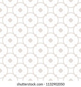 Subtle vector floral seamless pattern. Elegant geometric background with flower shapes, rounded grid, lattice, circles, repeat tiles. Abstract ornamental texture in pastel colors, white and beige
