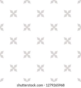 Subtle vector floral texture. Geometric seamless pattern with flower silhouettes, crosses. Simple abstract ornament. White and light gray minimalist background. Repeated design for decor, wallpapers