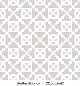 Subtle vector floral texture. Vintage geometric seamless pattern with small flowers, crosses, grid. Abstract ornamental background in gray and white colors. Elegant repeat design for decor, wallpapers