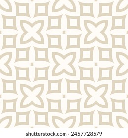 Subtle vector geometric floral seamless pattern in oriental asian style. Gold and white texture with flowers, leaves, diamonds, curved shapes, repeat tiles. Simple background. Abstract repeat ornament