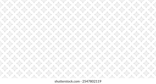 Sutil vetor geométrico floral padrão contínuo. Textura delicada simples de cor cinza e branco em estilo oriental. Fundo mínimo abstrato com pequenas silhuetas de flores, formas de diamante, estrelas, flocos de neve
