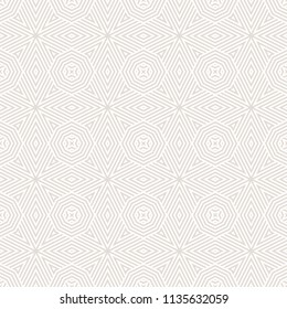 Subtle vector geometric linear seamless pattern. Delicate modern abstract vector background. White and beige graphic texture with stripes, triangles, rhombuses, octagons, diagonal lines, repeat tiles