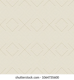 Subtle vector geometric lines seamless pattern. Golden linear background with diagonal stripes, squares, chevron. Abstract white and gold texture. Modern ornamental design for decor, furniture, print