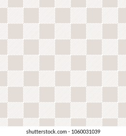Subtle vector geometric seamless pattern with stripes, diagonal lines, squares, repeat tiles. Abstract white and beige checkered texture. Elegant minimalist background. Design for decor, wallpapers