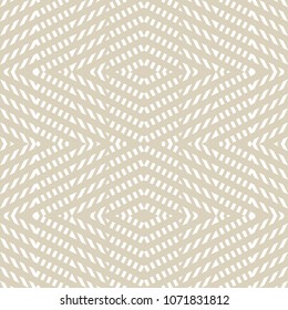 Subtle vector geometric seamless pattern. Abstract graphic ornament with rhombuses, slanted lines, stripes. Ethnic tribal style texture. Delicate white and beige background. Design for decor, prints