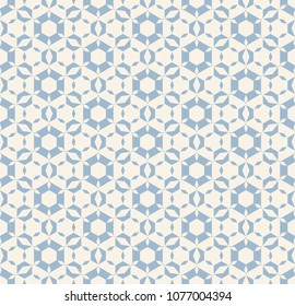 Subtle vector geometric seamless pattern. Modern texture with icy figures, hexagonal elements, floral tiles, mosaic. Delicate white and light blue abstract background. Repeat design for decoration