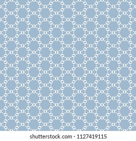 Subtle vector geometric seamless pattern. Delicate soft blue ornament with small shapes, hexagonal grid, lattice, net, mesh, weave. Abstract ornamental background texture. Repeat decorative design