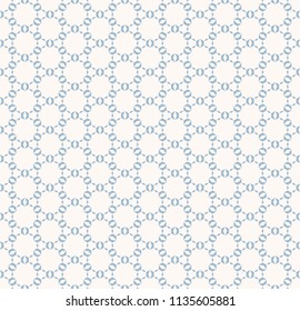 Subtle vector geometric seamless pattern. Delicate ornament with small shapes, hexagonal grid, lattice, net, mesh, weave. Ornamental background in white and light blue colors. Abstract repeat texture