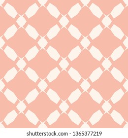 Subtle vector geometric seamless pattern. Simple white and light pink texture. Background with mesh, lattice, net, diamonds, grid, rhombuses. Abstract repeat ornament. Design for decor, wallpapers
