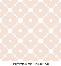 Subtle vector geometric seamless pattern with small elements, squares, rhombuses, flower silhouettes, grid. Abstract minimalist texture in beige and white color. Elegant minimal repeat background