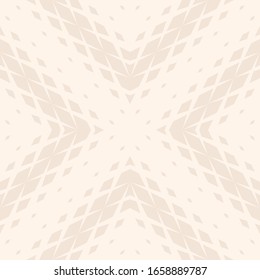 Subtle vector geometric seamless pattern with fading rhombuses, diamonds, diagonal grid. Halftone gradient transition effect. Delicate modern background in light beige color. Abstract minimal texture