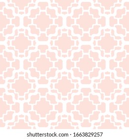 Subtle vector geometric seamless pattern with delicate grid, net, mesh, lattice, wavy lines. Elegant abstract ornamental texture in light pink color. Lace background. Repeat design for decor, textile