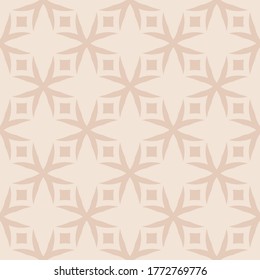Subtle vector geometric seamless pattern. Simple geometric ornament texture with crosses, flower silhouettes, squares. Elegant background in beige color. Repeat design for decor, wallpapers, textile