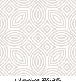 Subtle vector geometric seamless pattern. Abstract linear ornament texture with curved shapes, lines, flower silhouettes, leaves, repeat tiles. Minimal white and beige background. Elegant geo design