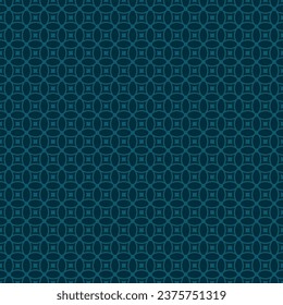Subtle vector geometric seamless pattern with rounded grid, mesh, lattice, small circles, squares, repeat tiles, curved lines. Simple abstract dark teal background. Luxury vector ornament texture