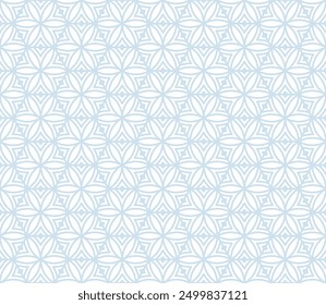 Subtle vector geometric seamless pattern with floral silhouettes, leaves, hexagonal grid, curved lines. Light blue and white abstract texture. Elegant ornamental background. Repeatable geo design