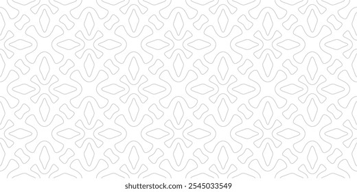 Subtle vector geometric seamless pattern. Abstract minimal ornamental texture with flower silhouettes, leaves, crosses, repeat tiles. Simple gray shapes on transparent background. Linear geo design