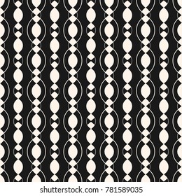 Subtle vector geometric seamless pattern with smooth wavy shapes, chains, ovals, thin curved vertical lines. Elegant abstract repeat background. Black and white texture. Design for decor, digital, web