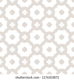 Subtle vector geometric texture. Abstract seamless pattern with mesh, lattice, grid, circles, flower silhouettes. Delicate ornamental background in white and beige colors. Elegant repeatable design