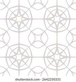 Subtle vector linear ornament. Abstract geometric seamless pattern with lattice, grid, net, crossing lines, star shapes, diamonds. Simple grey and white minimal background texture. Repeating design