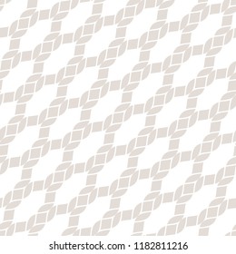 Subtle vector mesh seamless pattern. Delicate geometric texture with diagonal net, weave, knitting, grid, fishnet, lattice, fabric, ropes. Simple abstract white and beige background. Repeatable design