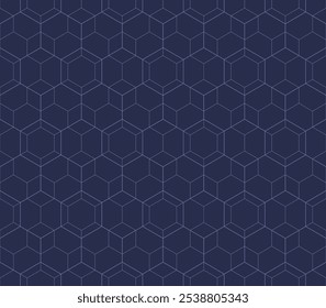 Subtle vector minimal geometric seamless pattern. Deep blue thin lines texture, hexagon grid, delicate lattice, net, diamonds. Minimalist linear background. Abstract geo background. Repeat design