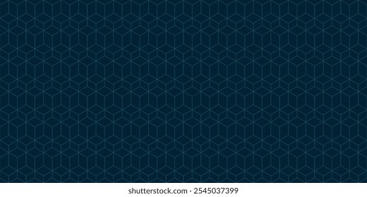 Vetor sutil padrão contínuo mínimo com reticulado hexagonal, 3d cubo grade linear. Textura geométrica simples com linhas finas. Cor verde-azulada escura. Resumo minimalista. Repetir design geográfico