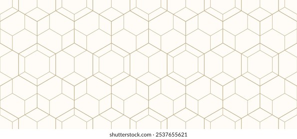 Subtle vector minimalist geometric seamless pattern. Gold lines texture, hexagon grid, delicate minimal lattice, net, diamonds. Gold and white linear background. Abstract background. Repeating design