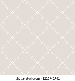 Subtle vector minimalist seamless pattern with small squares in diagonal grid. Abstract minimal geometric texture with delicate net, lattice, mesh. White and beige ornament. Repeatable background
