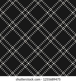 Subtle vector minimalist seamless pattern with tiny squares in diagonal square grid. Abstract black and white geometric texture with delicate net, lattice, mesh. Dark monochrome repeat background