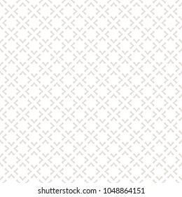 Subtle vector ornamental seamless pattern in white and beige colors. Minimalist geometric texture with crosses, squares, lines, rhombuses, grid. Abstract repeat background. Delicate minimal design