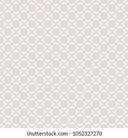 Subtle vector ornamental seamless pattern in white and beige colors. Minimalist geometric texture with crosses, squares, lines, rhombuses, grid. Abstract repeat background. Elegant decorative design